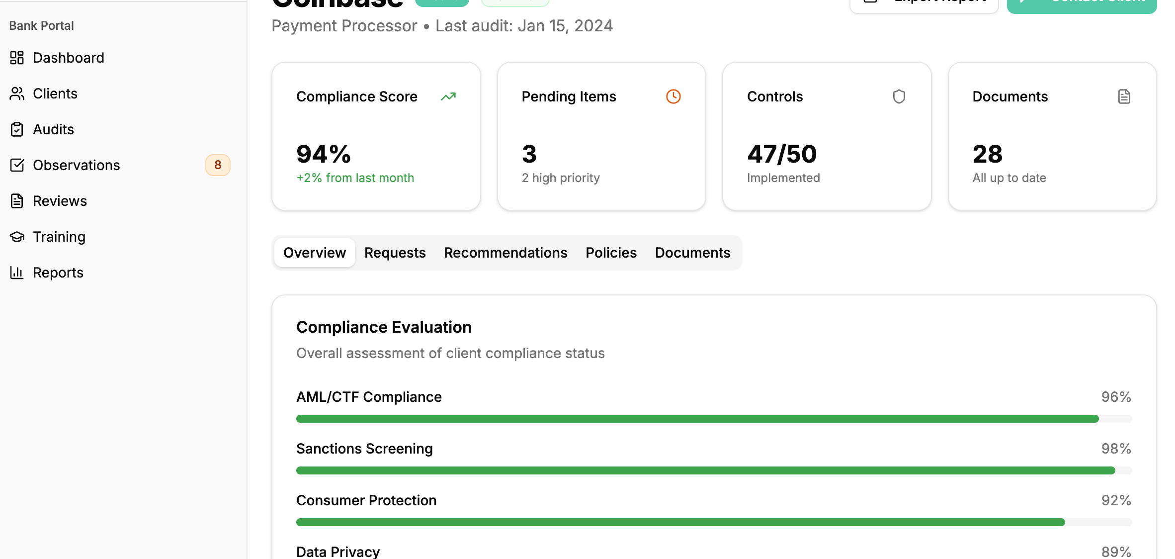 Bank Portal - Client Compliance Dashboard