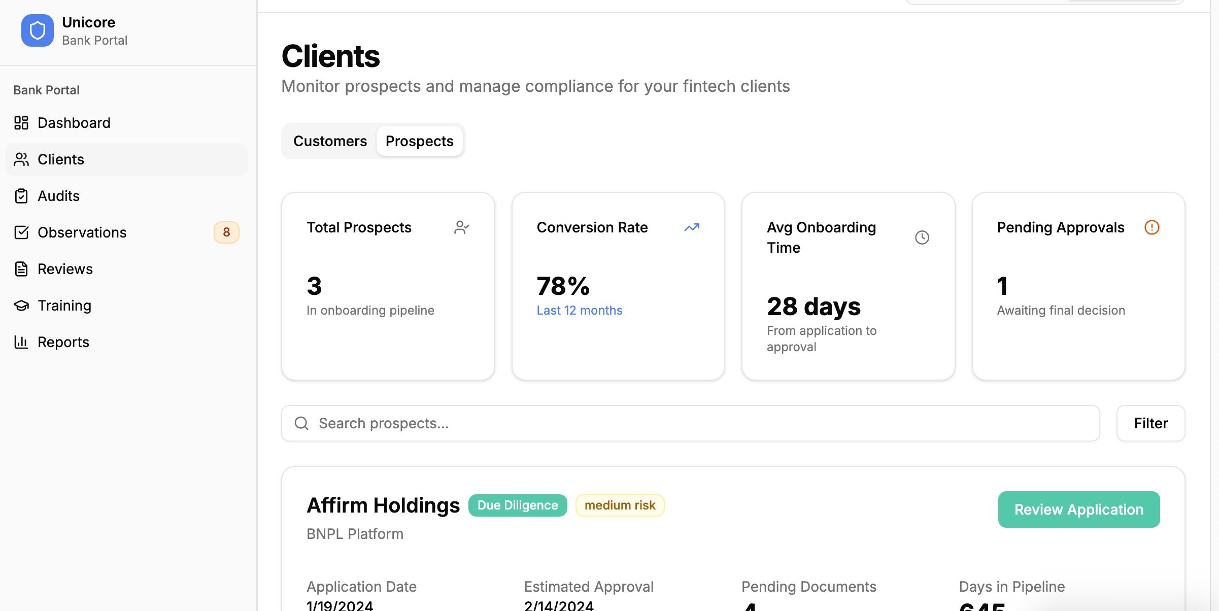 Bank Portal - Prospects Pipeline